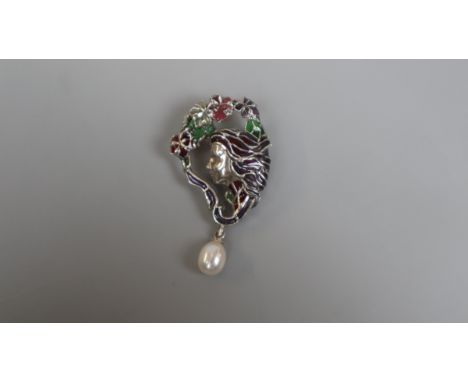 Silver &amp; Plique-…-jour enamel pearl drop brooch 