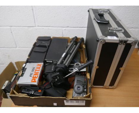 Collection of cameras, camera box, tripod etc