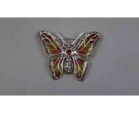 Silver enamel and garnet set butterfly brooch 