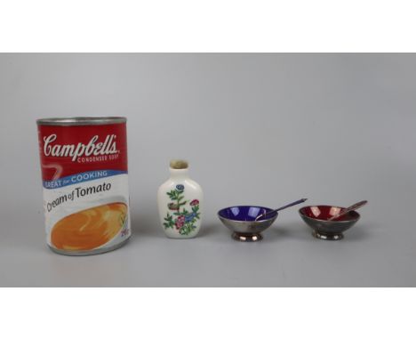 Chinese snuff bottle with jade stopper together with a pair of enamel salts 