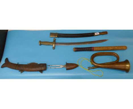 Collectables to include copper bugle, brass sword, vintage rounders bat &amp; Indian knife &amp; fork 