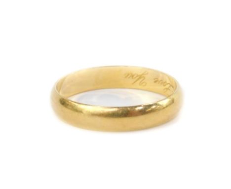 An 18ct gold wedding band, engraved internally I Love You, size R, 3.1g.