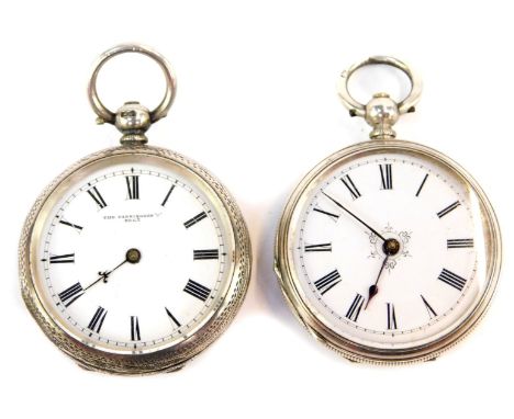 Two silver pocket watches, comprising The Farringdon, late 19thC, with engine turned design case, with flowers and vacant car