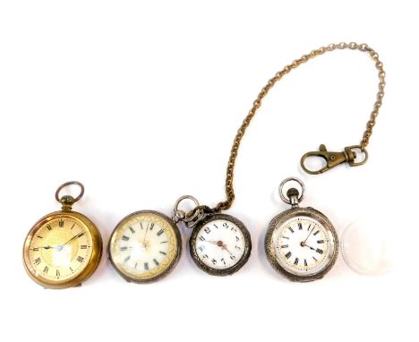 Four pocket watches, comprising a Continental silver pocket watch, bezel wind, white enamel dial, lacking glass, a brass pock