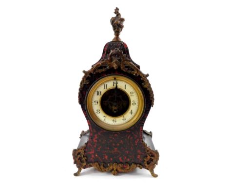 A late 19thC French boulle mantel clock, circular brass dial with visible brocot escapement, white enamel chapter ring bearin