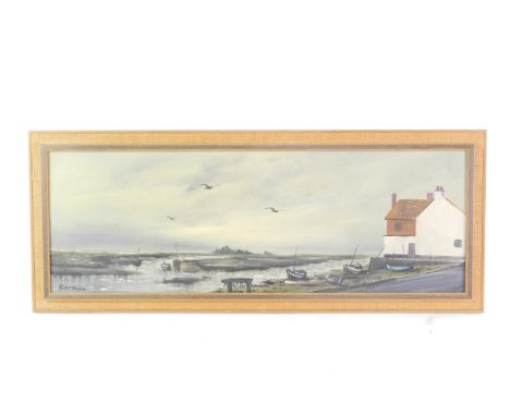 R J Scott (British, 20thC). Norfolk coastal landscape, oil on board, signed, 26cm x 76cm.