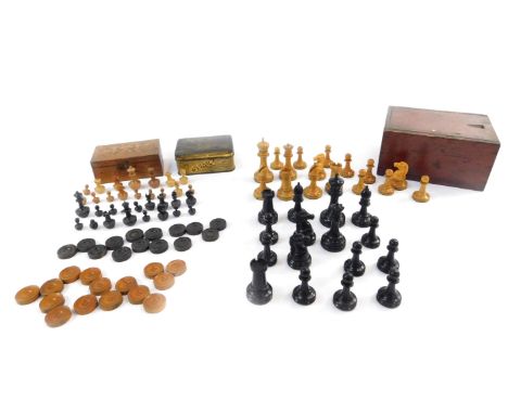 A Staunton type chess set, boxed, German CB chess set, boxed, and a set of draughts. (3)
