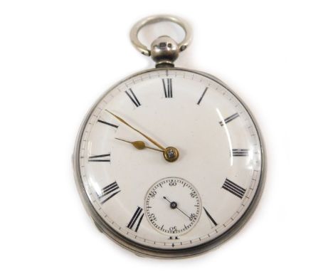 A Victorian gentleman's silver pocket watch, open faced, key wind, enamel dial bearing Roman numerals, subsidiary seconds dia