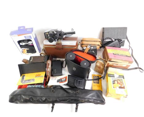 A Yashica 3 Cine camera, Quarz Cine camera, Kodak and other cameras, tripod and accessories, and a pair of binoculars. (qty)