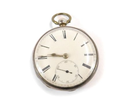 A late 19thC silver pocket watch, with engine turned silver casing, with circular central panel to rear, bearing initials J C