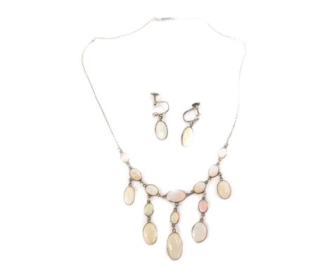 An early 20thC German silver and opal necklace, with five graduated drops, Ernst Treusch, Liepzig, together with a pair of sc