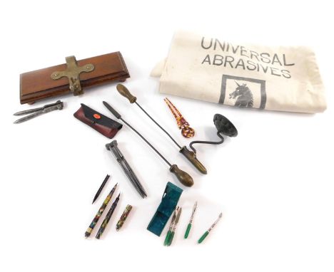 A Conway Stewart pen and pencil set, vintage manicure set, trouser press, hair ornament, lobster claw crackers, Tally iron, e