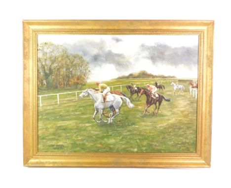 J E R Godderidge (fl.1984). Horse race coming out of the start, oil on board, signed and dated, 56cm x 80cm. 
