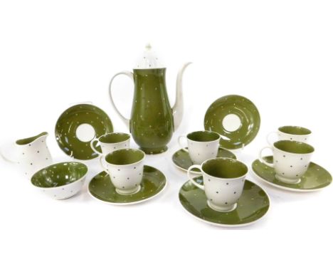 A Susie Cooper porcelain part coffee service, decorated in the Green Polka Dot pattern, comprising coffee pot, cream jug, sug