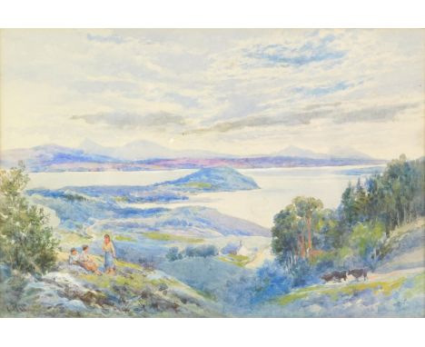 Charles Rowbotham (1856-1921). A View At Parknasilla County Kerry, a lakeside with figures and cattle to foreground, watercol