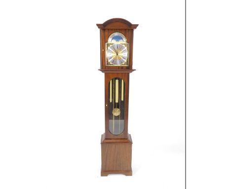A Smallcombe Clocks mahogany cased grandmother clock, brass break arch dial with moon phase, silvered chapter ring bearing Ro