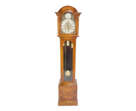 A 20thC walnut cased long case clock, the break arch dial with circular Tempus Fugit plaque, silvered chapter ring bearing Ro