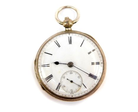 A late 19thC silver half hunter pocket watch, with white enamel dial, seconds dial and blue hands, key wind in a silver casin