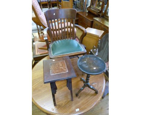 An early 20th Century splat back office armchair, together with an occasional table with Art Nouveau tile inset and a tripod 