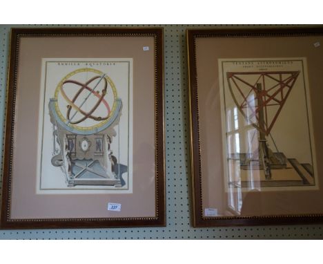 A pair of prints one example depicting a Sextons astronomic's, a Victorian silk  tapestry depicting still life, etc.