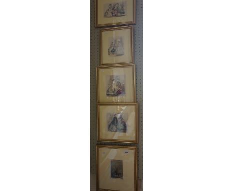 A collection of assorted prints depicting Victorian ladies and fashion, also a pencil sketch depicting a continental street s