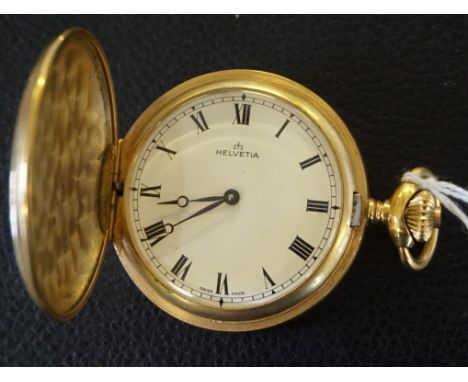 A gold plated hunter manual wind pocket watch, the dial and movement signed Helvetica, white dial with black Roman numerals 