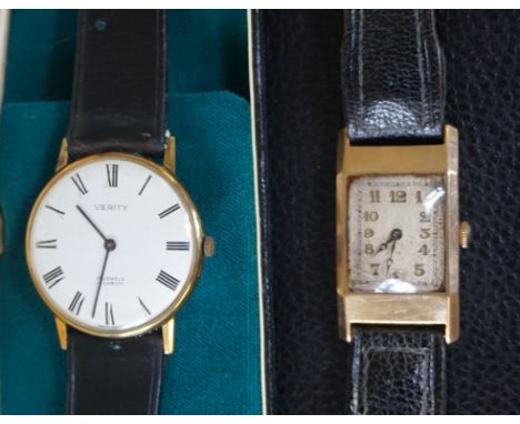 An Art Deco 9ct gold manual wind wristwatchTo a black leather strap, together with, a Verity wristwatch (2) 