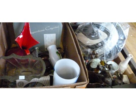 Three boxes of assorted ceramics, glass and ornaments to include pieces of studio glass, a Art Nouveau style vase having reli