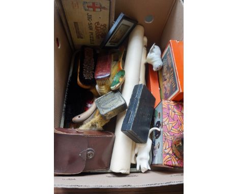 Two boxes of assorted items to include a pair of cut glass open salts with hallmarked silver spoons, a Indian white metal thi