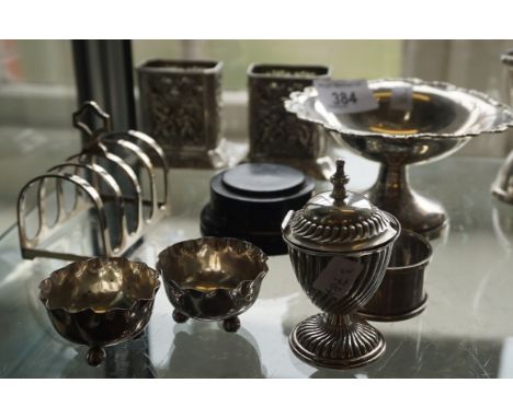 A mixed collection of hallmarked silver items to include two 800 grade silver holders with chased and engraved decoration of 