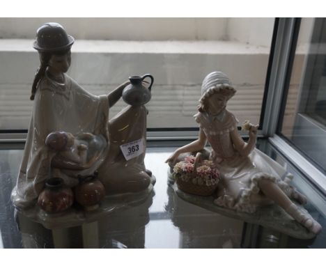 Two Lladro ceramic figures to include a mother and baby and a girl lying down with a basket of flowers (2)