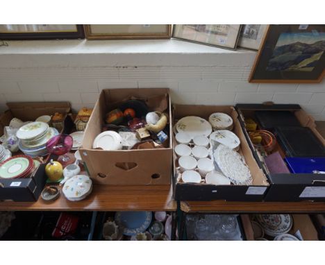 Four boxes of assorted ceramics and glassware to include a Carltonware lustre glazed beehive honey pot, cranberry glass bowl,