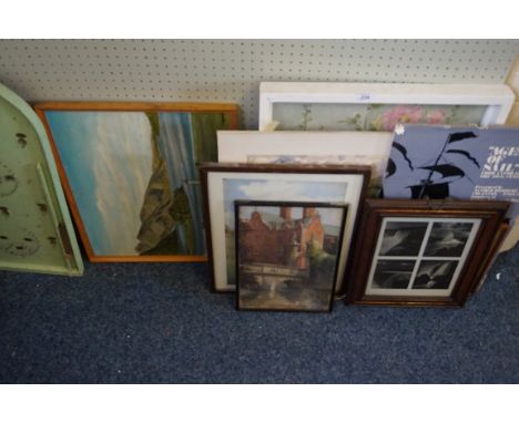 Seven assorted pictures and prints, to include an oil on panel depicting a landscape, watercolour depicting St John's Gateway