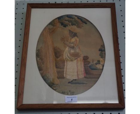 A Victorian silk work tapestry panelDepicting a lady wearing a bonnet hat, collecting corn in country landscape scene, inset 