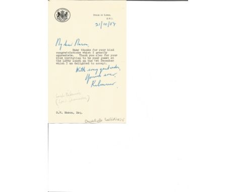 David Fyfe Lord Kilmuir TLS dated 21/10/1954. (29 May 1900 27 January 1967), known as Sir David Maxwell Fyfe from 1942 to 195