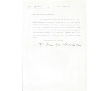 Hans Holthusen hand signed 1964 letter replying in German to an autograph request. German lyric poet, essayist, and literary 