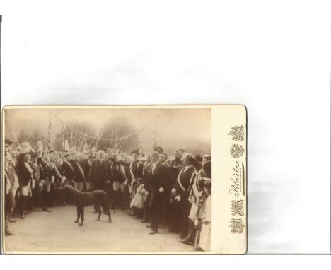 Vintage Kaiser Wilhelm in later years Pilartz Cabinet photo, standing in suit with large dog in foreground and surrounded by 