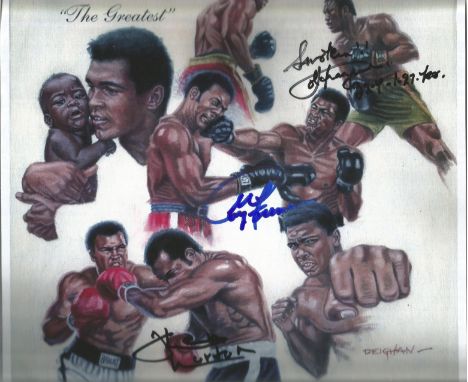 Muhammad Ali "The Greatest" 10x10 montage print signed by Joe Frasier, George Foreman and Ken Norton . Good Condition. All si