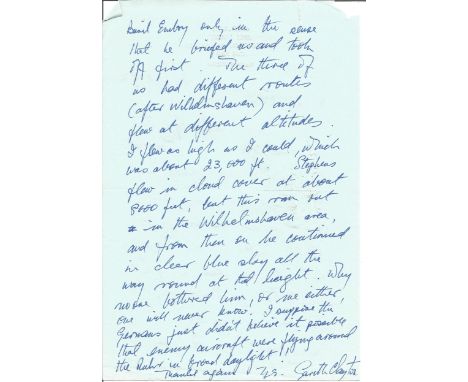 WW2 Sir Gareth Clayton hand written letter to WW2 author Alan Cooper regarding 1939 sortie which was the first major penetrat