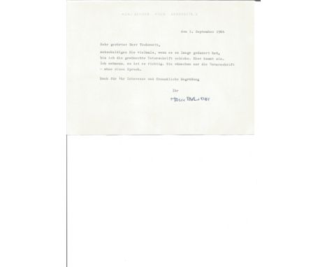Hans Bender hand signed 1964 letter replying in German to an autograph request. He was a German lecturer on the subject of pa