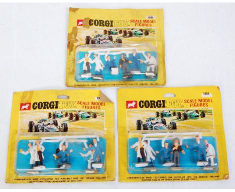 Three carded as issued Corgi Toys No. 1505 Pit Mechanic scale model figures, all on original backing card