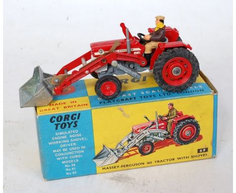 A Corgi Toys No. 69 Massey Ferguson 165 tractor with shovel comprising of red &amp; grey body with red hubs, in the original 