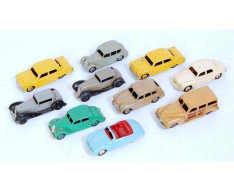 Ten various loose playworn Dinky Toy saloons to include a Rover 75, Studebaker Land Cruiser, Vanguard, and various others