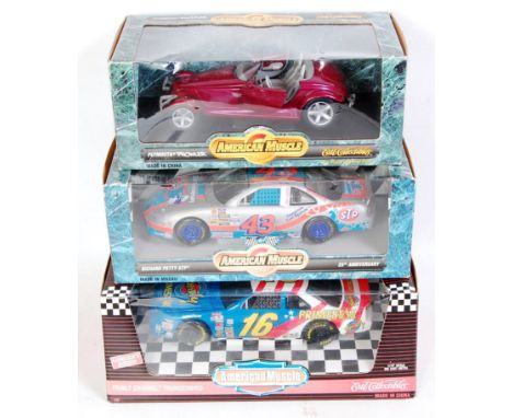 Three boxed Ertl boxed collectables 1/18 scale American Muscle racing cars, to include Richard Petty STP 25th anniversary car