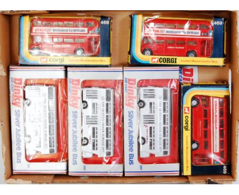 A Dinky Toys and Corgi Toys boxed public transport diecast group to include 3x No. 297 Silver Jubilee bus, and 3x No. 469 Cor