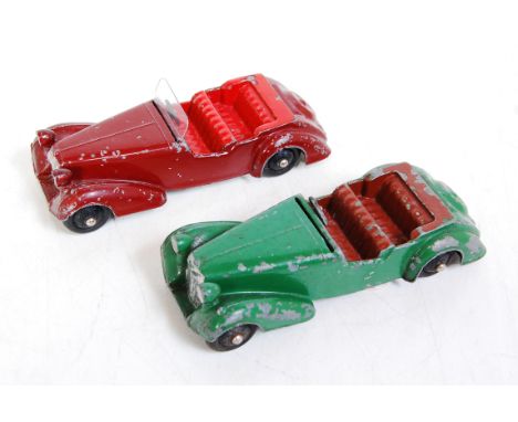 Dinky 38D Alvis sports tourer, 2 early post war models with smooth black hubs and solid, steering wheel - one maroon with red