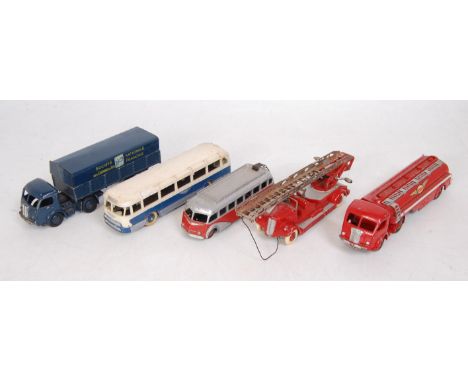 Five various loose French Dinky toy diecasts examples to include a No. 29E Autocar Isobloc and a No. 32D Delahaye fire engine
