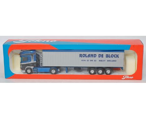 A Tekno 1/50 scale model of a Roland De Block Scania 48 164L tractor unit with Roland De Block branded walking floor trailer,