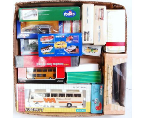 One tray containing a quantity of mixed boxed Corgi, Joel and other public transport and commercial vehicles to include a Cor