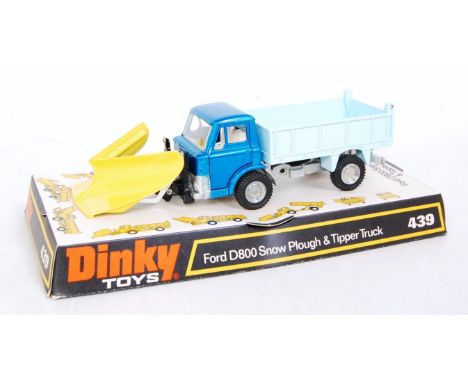 A Dinky Toys No. 439 Ford D800 Snowplough and tipper truck comprising metallic blue cab, light blue back and silver chassis, 